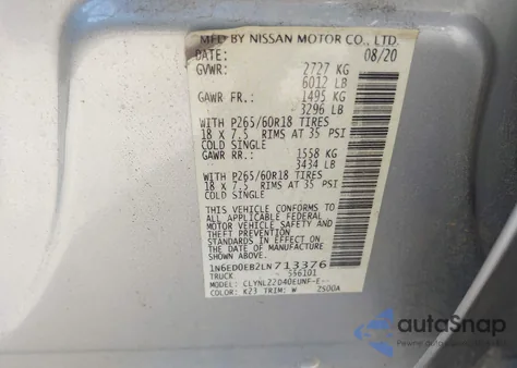 2020 Nissan Frontier Sv 4X4 из США, поврежденный, VIN 1N6ED0EB2LN713376